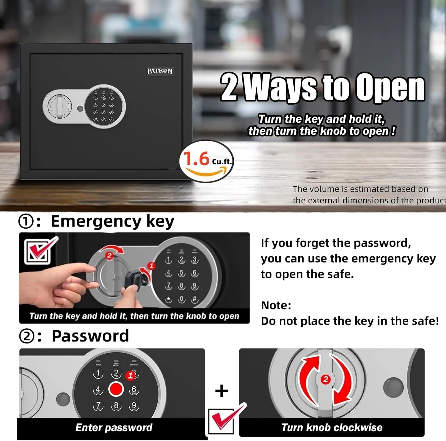 [ 1.6 Cu.ft. ]PATRON Fireproof Safe for Home,Document Safe Box Office,Digital Security Home Safes,Cabinet Safes for Money Cash,Wall Safes with Electronic Keypad for Hotel House Business,1.6 Cu.ft.