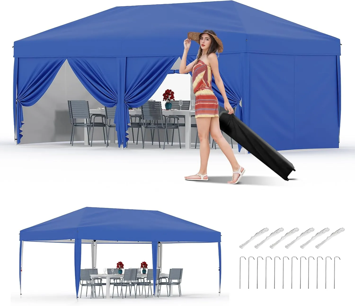 10x20 Pop Up Canopy Tent with 6 Sidewall - One-Button Instant Setup, Heavy-Duty 210D Oxford Fabric & Rust-Proof Frame - 3 Adjustable Heights, Roller Bag, 6 Sandbags - UV Protection for Beach, Party