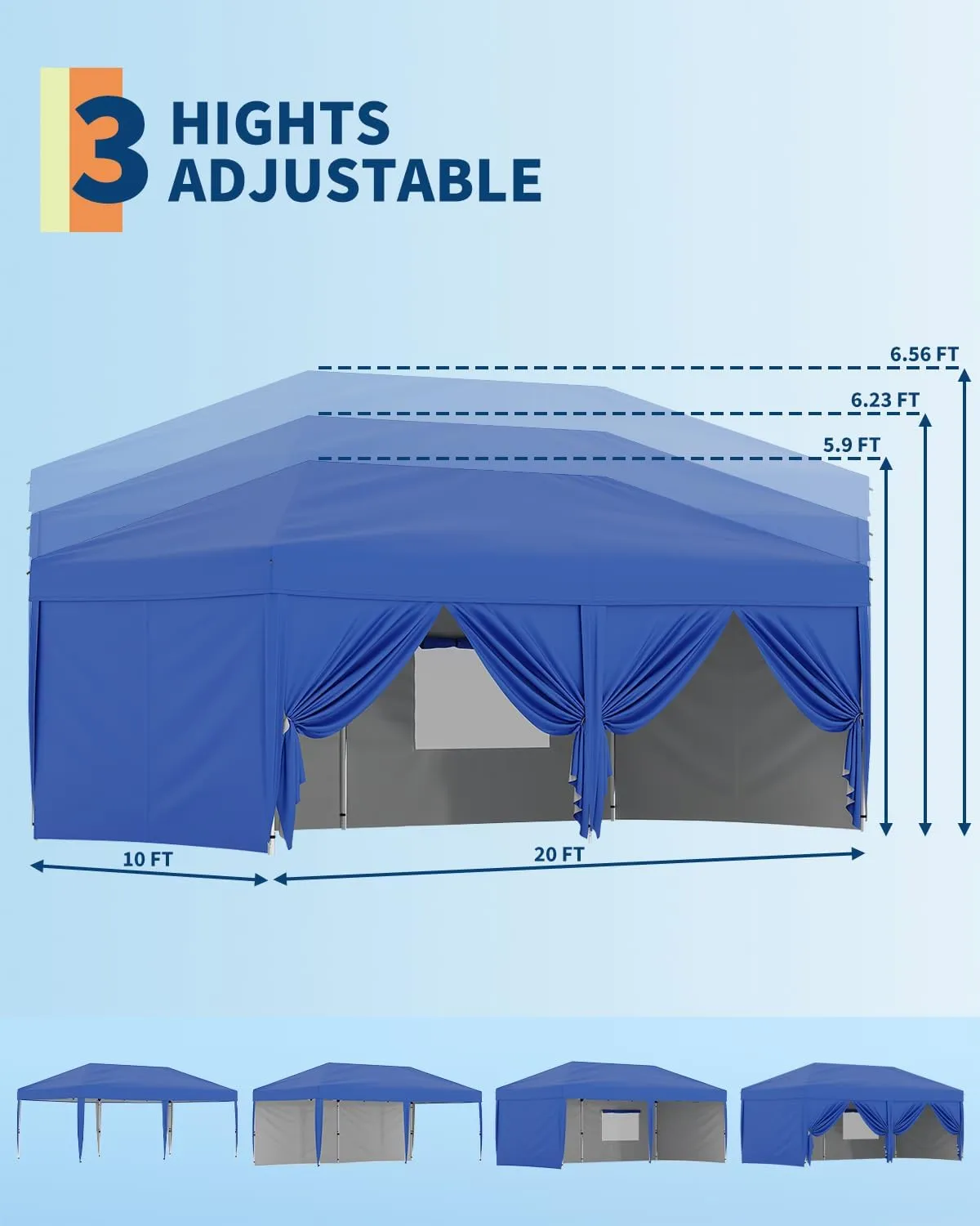 10x20 Pop Up Canopy Tent with 6 Sidewall - One-Button Instant Setup, Heavy-Duty 210D Oxford Fabric & Rust-Proof Frame - 3 Adjustable Heights, Roller Bag, 6 Sandbags - UV Protection for Beach, Party