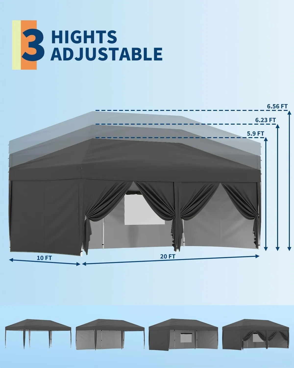 10x20 Pop Up Canopy Tent with 6 Sidewall - One-Button Instant Setup, Heavy-Duty 210D Oxford Fabric & Rust-Proof Frame - 3 Adjustable Heights, Roller Bag, 6 Sandbags - UV Protection for Beach, Party