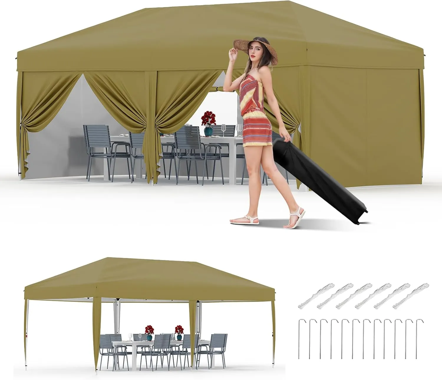 10x20 Pop Up Canopy Tent with 6 Sidewall - One-Button Instant Setup, Heavy-Duty 210D Oxford Fabric & Rust-Proof Frame - 3 Adjustable Heights, Roller Bag, 6 Sandbags - UV Protection for Beach, Party