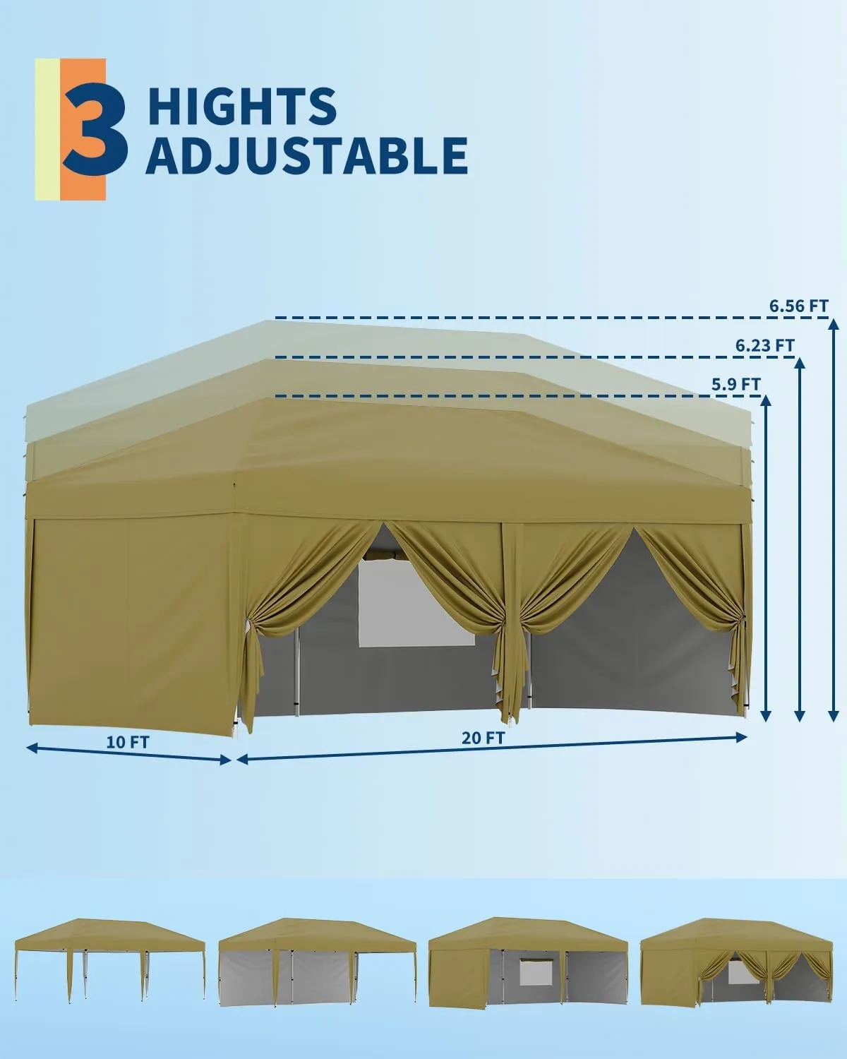 10x20 Pop Up Canopy Tent with 6 Sidewall - One-Button Instant Setup, Heavy-Duty 210D Oxford Fabric & Rust-Proof Frame - 3 Adjustable Heights, Roller Bag, 6 Sandbags - UV Protection for Beach, Party