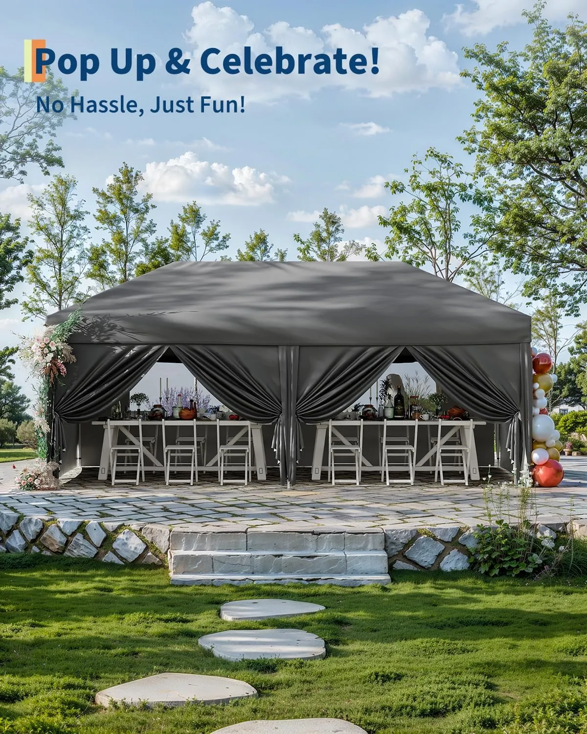 10x20 Pop Up Canopy Tent with 6 Sidewall - One-Button Instant Setup, Heavy-Duty 210D Oxford Fabric & Rust-Proof Frame - 3 Adjustable Heights, Roller Bag, 6 Sandbags - UV Protection for Beach, Party