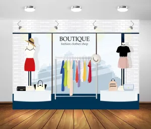 10x8ft Fabric Cartoon Clothing Store Backdrop Ladies Boutique Shopping Mall Window Dress Handbag Photography Background for Sweet Girl Lady Birthday Party Decorations Photo Studio Props