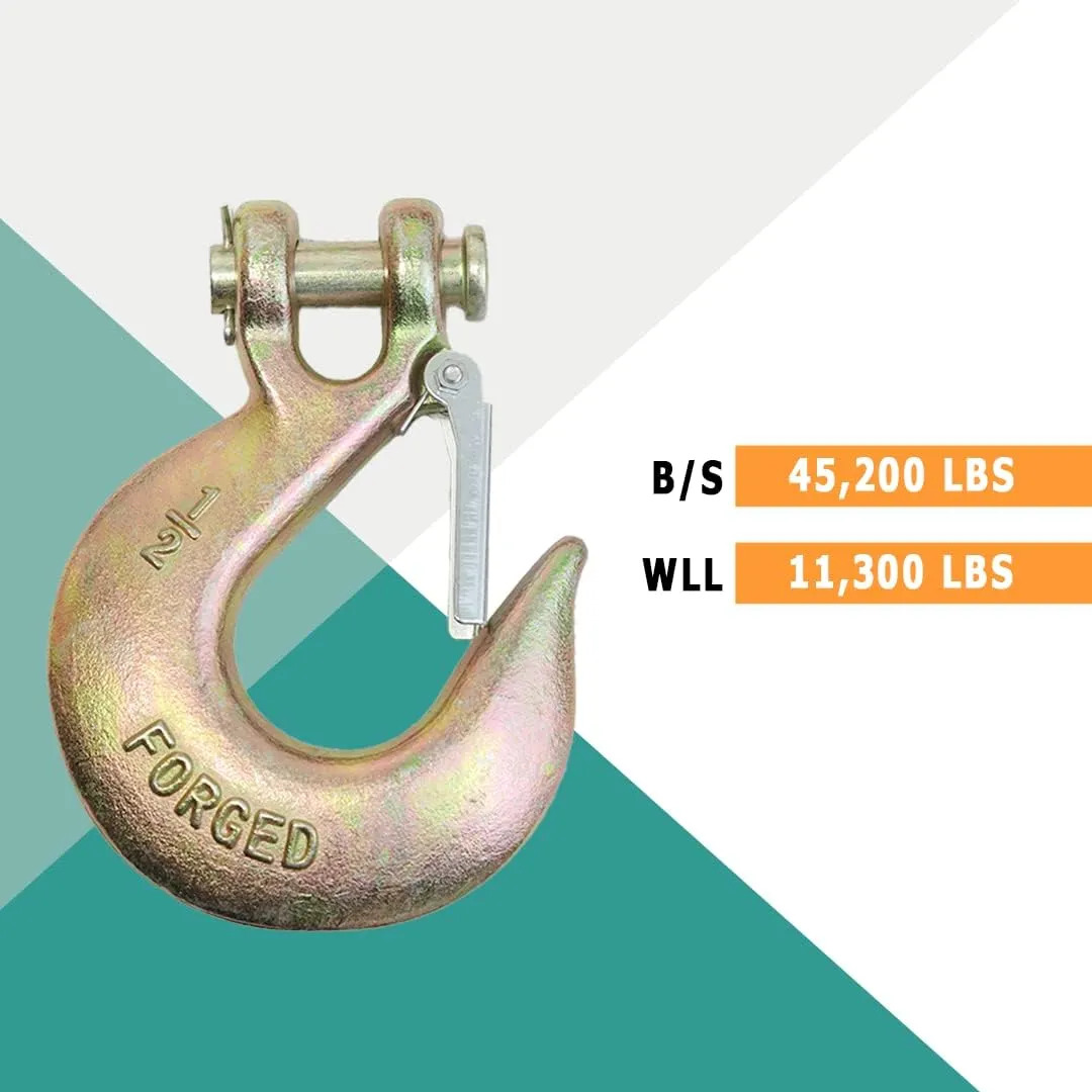 1/2” Grade 70 Forged Clevis Slip Hook with Safety Latch, 45,200lbs Breaking Strength, for Chain Hooks, Transport and Towing Trucks (2 - Pack)