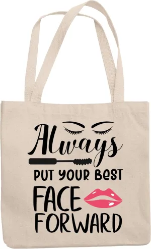 12oz Canvas Tote Bag - Always Put Your Best Face Forward with Eyelashes, Mascara & Pink Lips Design - Beauty Themed Merch for Makeup Artist or Cosmetologist, Gift for Makeup Lovers & Beauticians