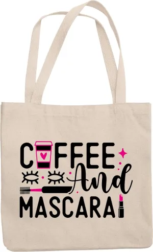 12oz Canvas Tote Bag - Girly Coffee & Mascara with Travel Cup, Eyelashes, Lash Comb & Lipstick Design - Beauty Themed Merch for Makeup Artist or Cosmetologist, Gift for Makeup Lovers & Beauticians