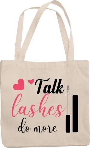12oz Canvas Tote Bag - Talk Lashes, Do More with Mascara & Hearts Design - Beauty Themed Merch for Makeup Artist or Cosmetologist, Gift for Makeup Lovers & Beauticians