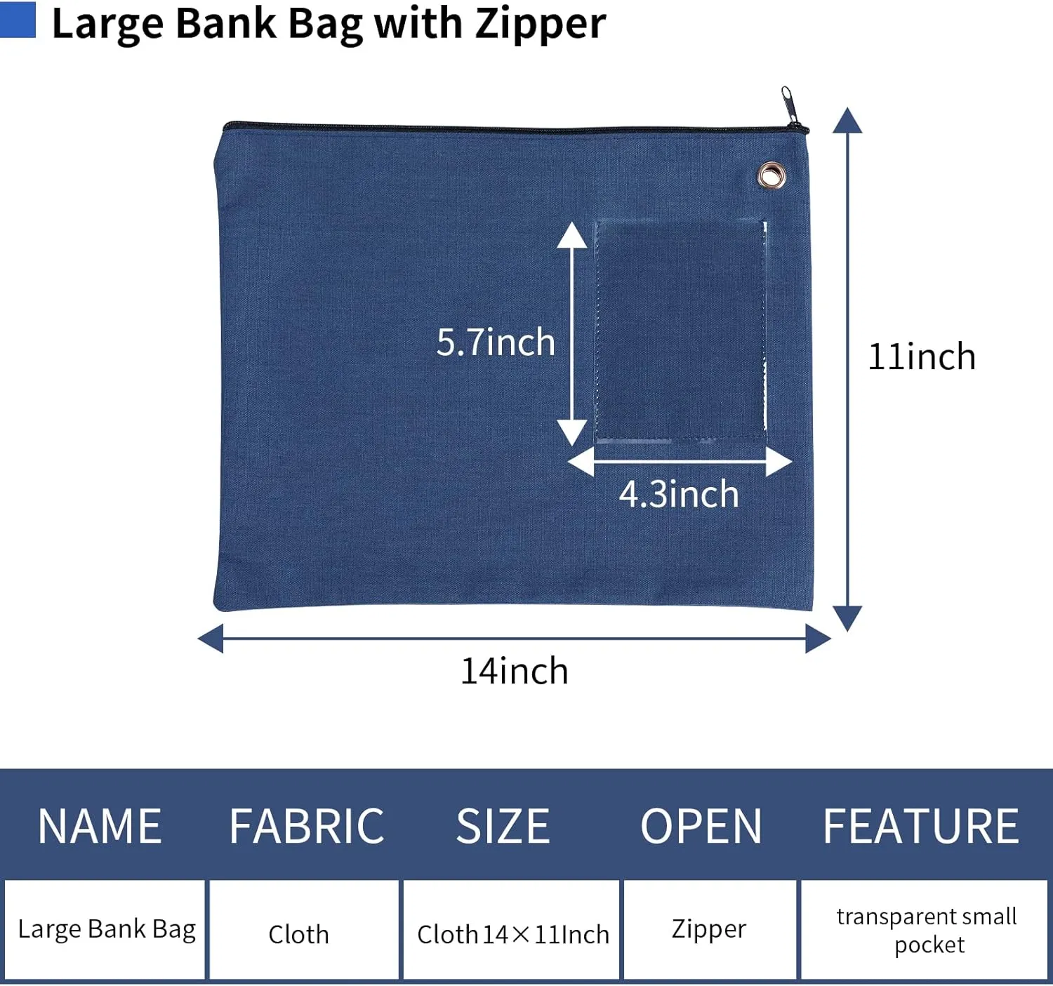1411Inch Bank Deposit Bags with Zipper Blue Interoffice Mailer Canvas Transit Sack with Grommet for Documents Money Passport (blue)