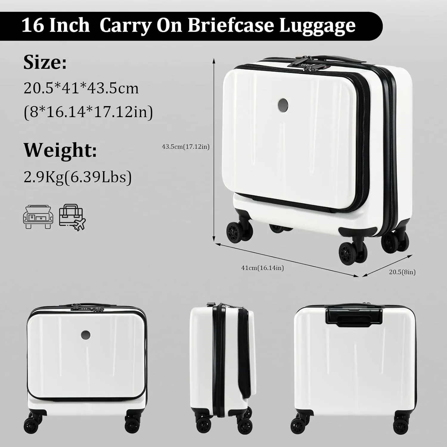 16 Inch Carry On Luggage with 2 Compartments for 14” & 15” Laptop, 16.14*8*17.12” Rolling Briefcase, Lightweight Hardshell ABS PC Suitcase with Spinner Silent Wheels, for Business Trip, Milky White