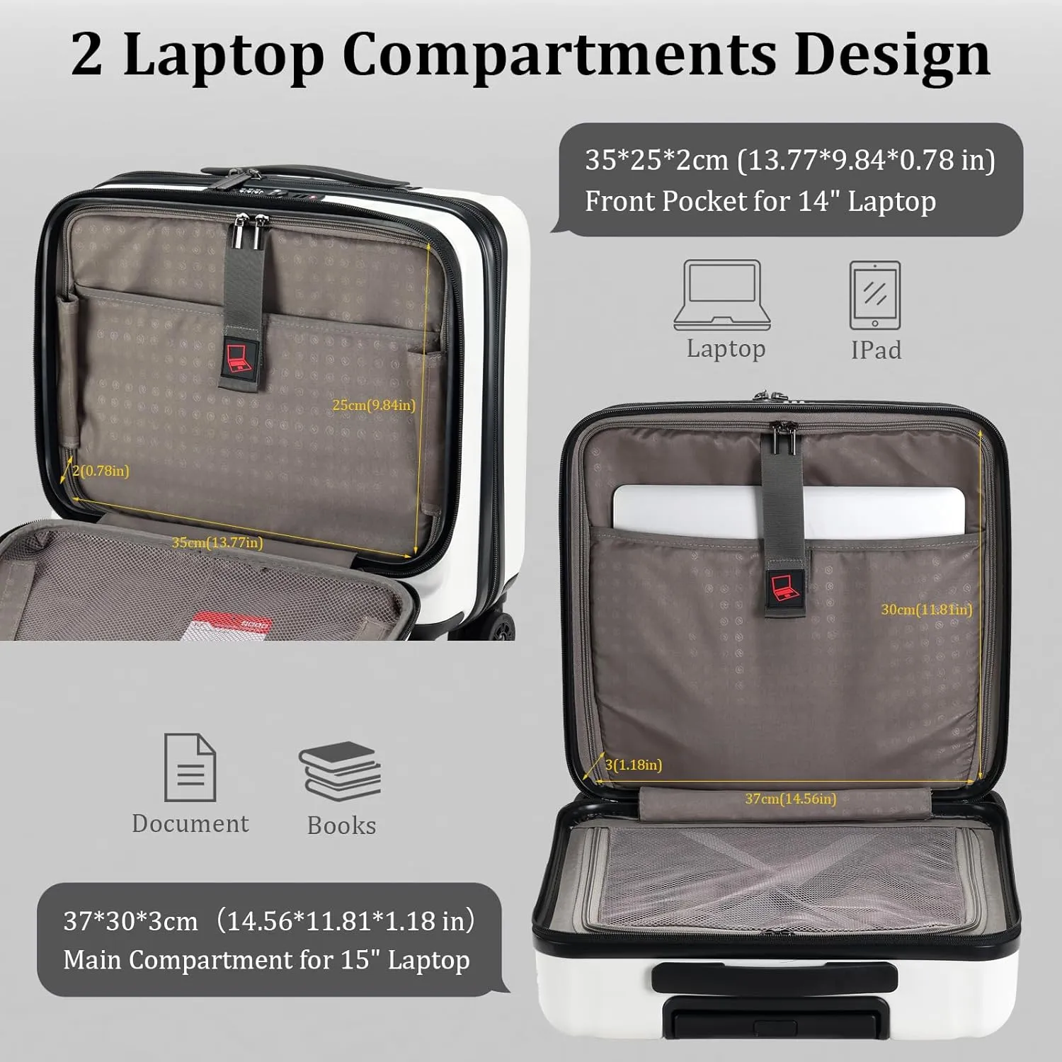 16 Inch Carry On Luggage with 2 Compartments for 14” & 15” Laptop, 16.14*8*17.12” Rolling Briefcase, Lightweight Hardshell ABS PC Suitcase with Spinner Silent Wheels, for Business Trip, Milky White