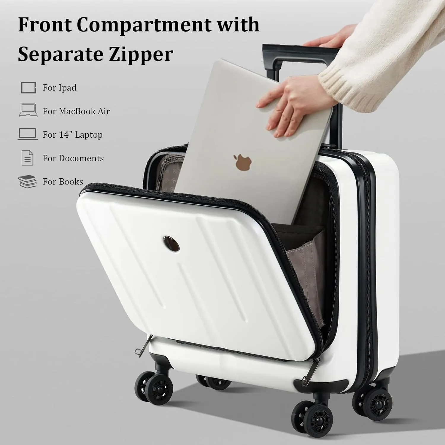 16 Inch Carry On Luggage with 2 Compartments for 14” & 15” Laptop, 16.14*8*17.12” Rolling Briefcase, Lightweight Hardshell ABS PC Suitcase with Spinner Silent Wheels, for Business Trip, Milky White