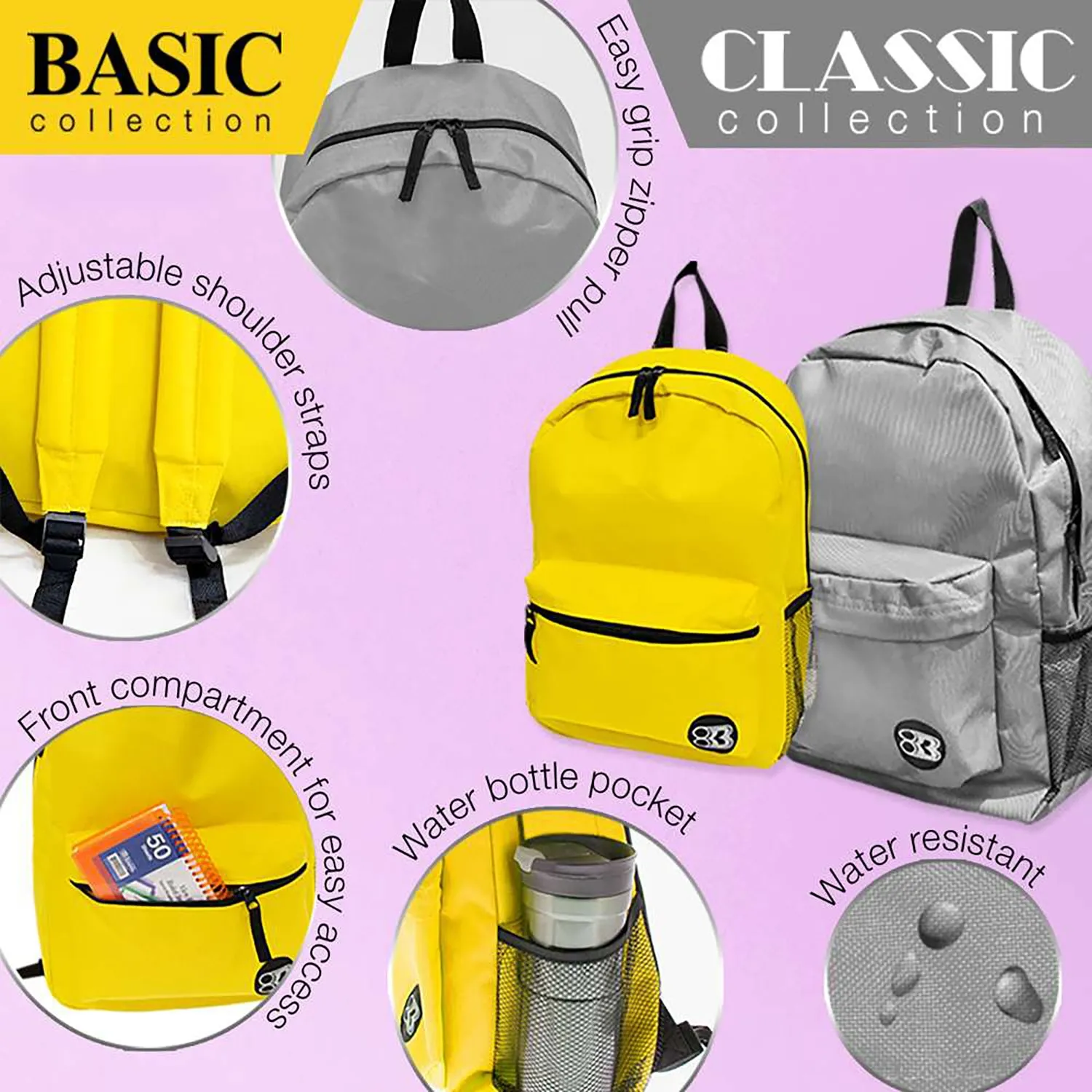 16" Basic Backpack, Mustard, Pack of 2