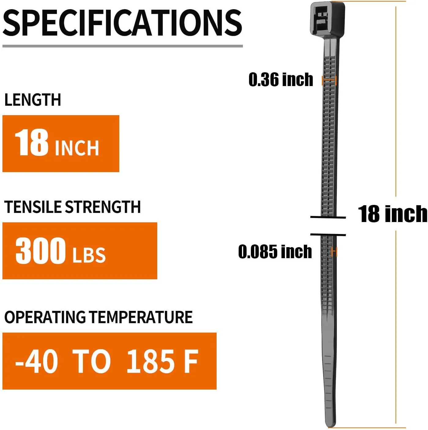 18 inch Black Long Zip Ties Heavy Duty (100 Pack), 2025 New Patented Design, 300 LBS Ultra Strong Tensile Strength, Self-Locking Nylon PA66 UV Resistant Cable Ties for Indoor and Outdoor Use