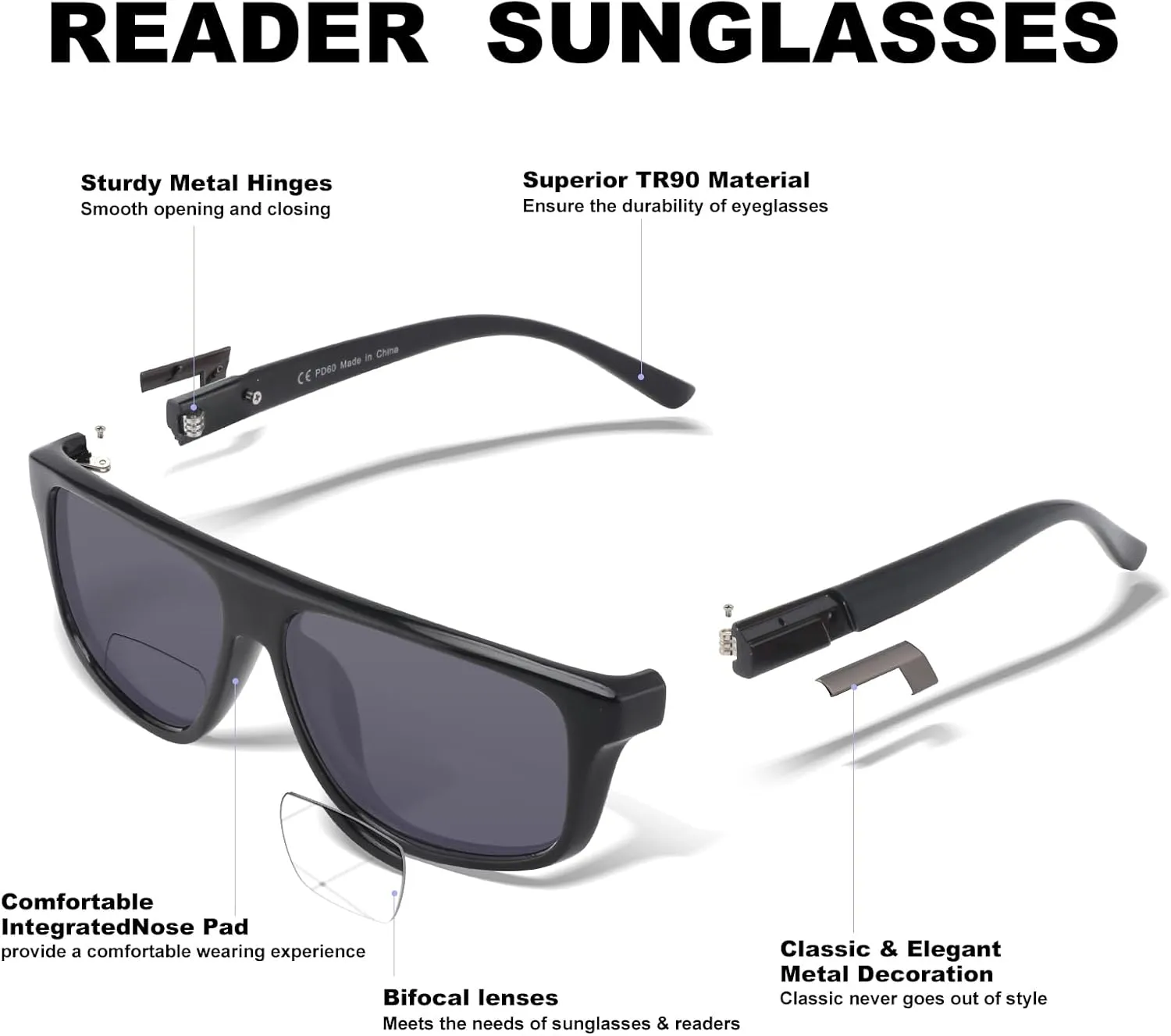 2 Pack Excellent Bifocal Sunglasses for Men Women Durable TR90 Classic Wide Frame Design Sun Readers, UV400 Outdoor Reading Sunglasses for Driving/Fishing/Golf (Black & Grey,  1.25)