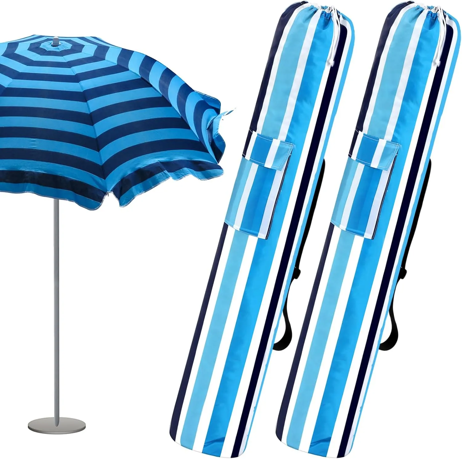 2 Pcs Beach Umbrella Storage Bag Foldable Waterproof Beach Bag for Umbrellas with Wide Padded Shoulder Strap & Molded Carry Handle Summer Stripe Blue Patio Storage Carrying Covers