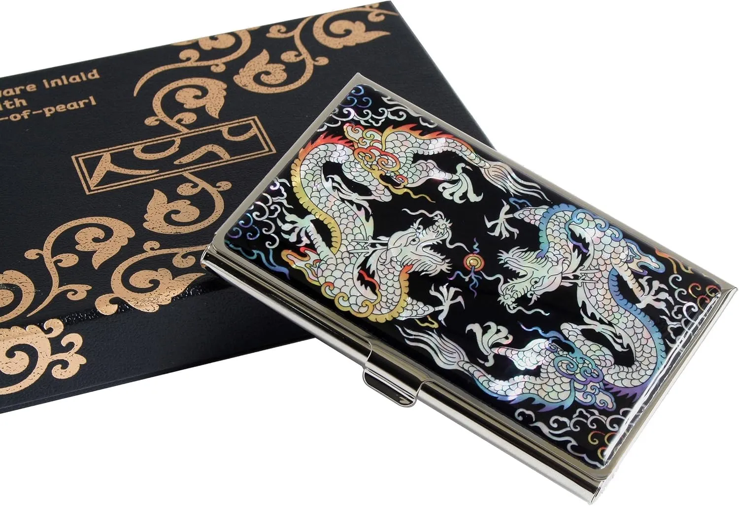 2024 Chinese Lunar New Year Zodiac Blue Dragon Mother of Pearl Design RFID Blocking Protection Business Card Case, Credit Card Holder, Metal Name Card Case Slim Purse Pocket Cash Money Wallet