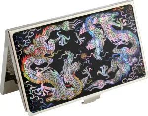 2024 Chinese Lunar New Year Zodiac Blue Dragon Mother of Pearl Design RFID Blocking Protection Business Card Case, Credit Card Holder, Metal Name Card Case Slim Purse Pocket Cash Money Wallet