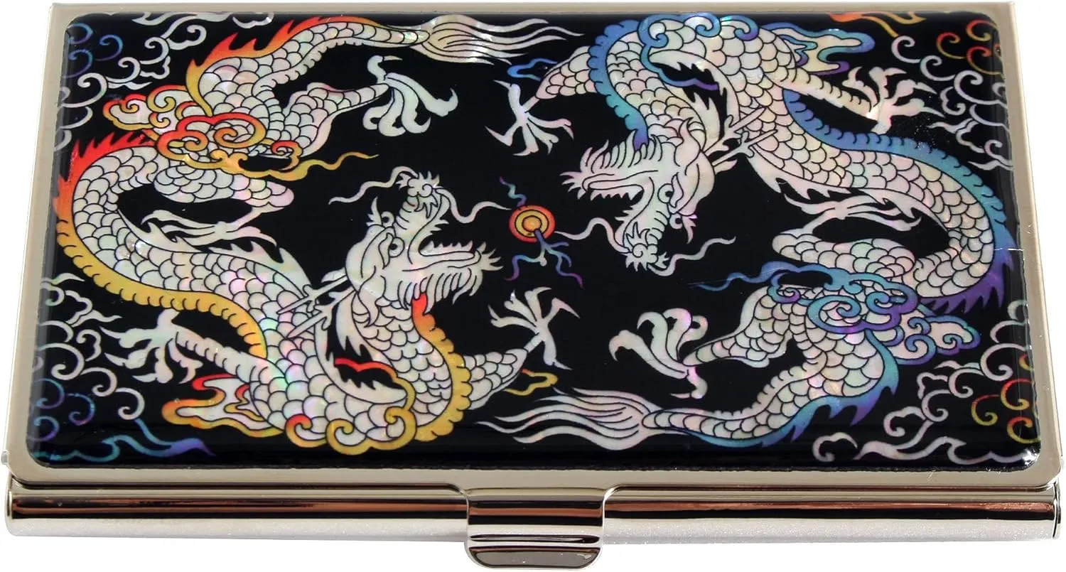 2024 Chinese Lunar New Year Zodiac Blue Dragon Mother of Pearl Design RFID Blocking Protection Business Card Case, Credit Card Holder, Metal Name Card Case Slim Purse Pocket Cash Money Wallet