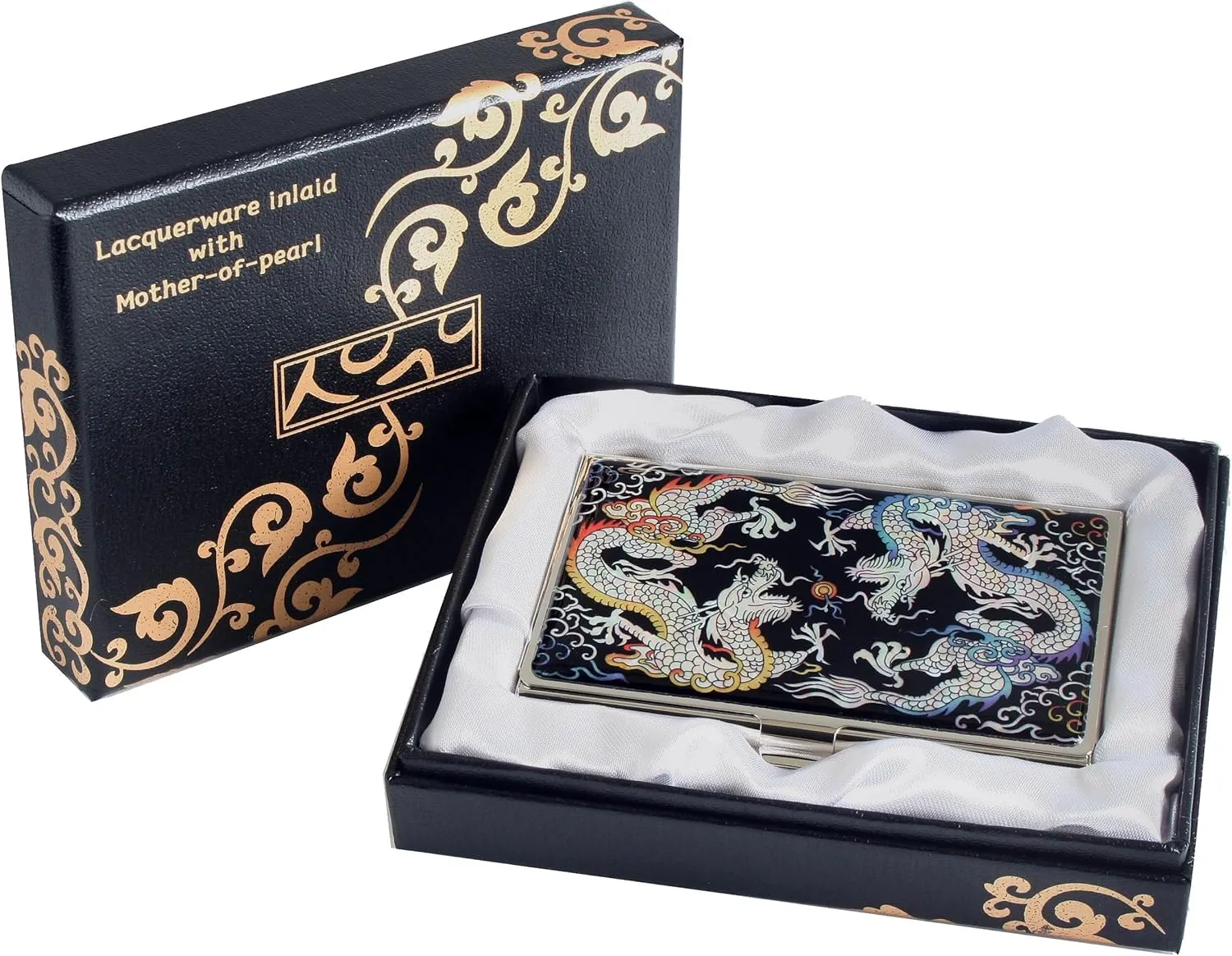 2024 Chinese Lunar New Year Zodiac Blue Dragon Mother of Pearl Design RFID Blocking Protection Business Card Case, Credit Card Holder, Metal Name Card Case Slim Purse Pocket Cash Money Wallet