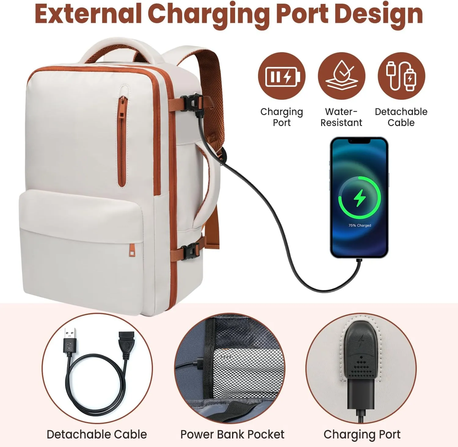 35L Travel Backpack | 180° All-Open Design | Multi-Pockets | Airline Approved Carry on | Backpack Fits 15.6 inch Laptop | Waterproof | USB Charging Port | Expandable Storage for Clothes, Cream