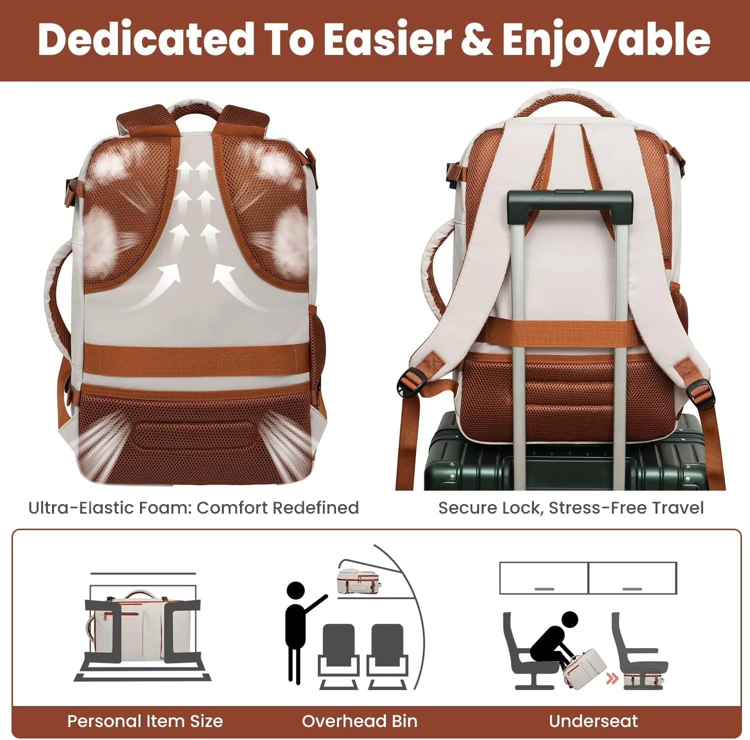 35L Travel Backpack | 180° All-Open Design | Multi-Pockets | Airline Approved Carry on | Backpack Fits 15.6 inch Laptop | Waterproof | USB Charging Port | Expandable Storage for Clothes, Cream