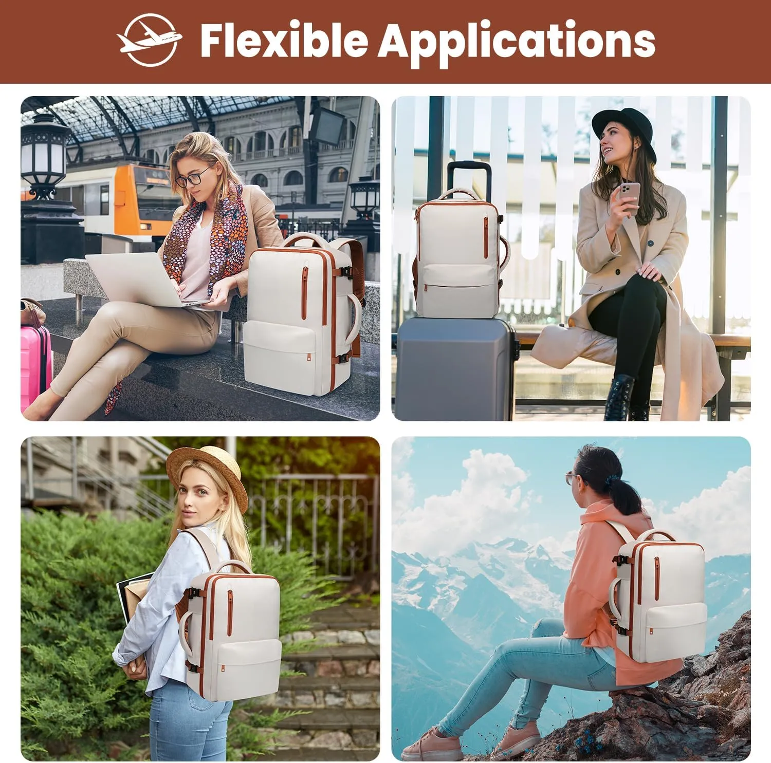35L Travel Backpack | 180° All-Open Design | Multi-Pockets | Airline Approved Carry on | Backpack Fits 15.6 inch Laptop | Waterproof | USB Charging Port | Expandable Storage for Clothes, Cream