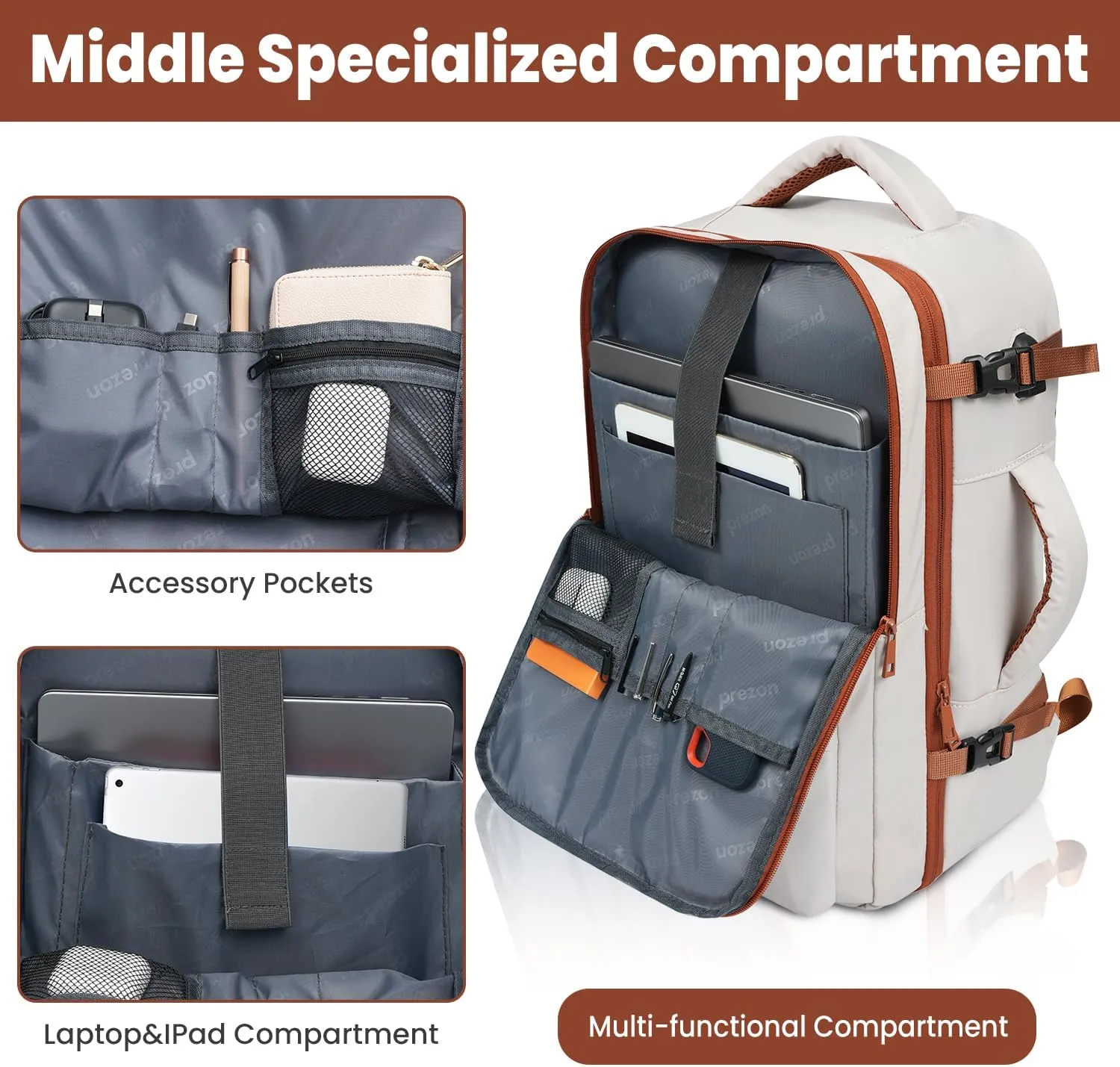 35L Travel Backpack | 180° All-Open Design | Multi-Pockets | Airline Approved Carry on | Backpack Fits 15.6 inch Laptop | Waterproof | USB Charging Port | Expandable Storage for Clothes, Cream