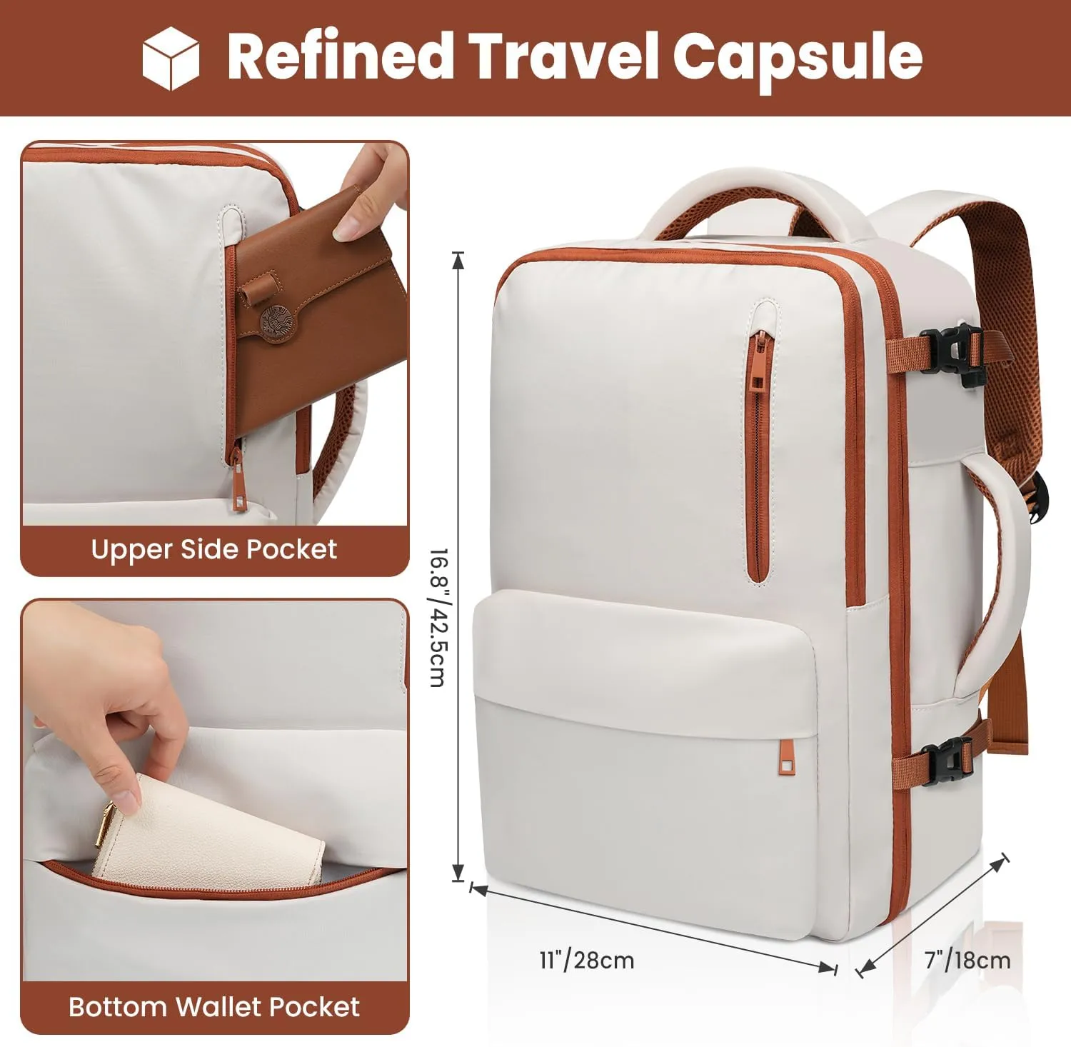 35L Travel Backpack | 180° All-Open Design | Multi-Pockets | Airline Approved Carry on | Backpack Fits 15.6 inch Laptop | Waterproof | USB Charging Port | Expandable Storage for Clothes, Cream
