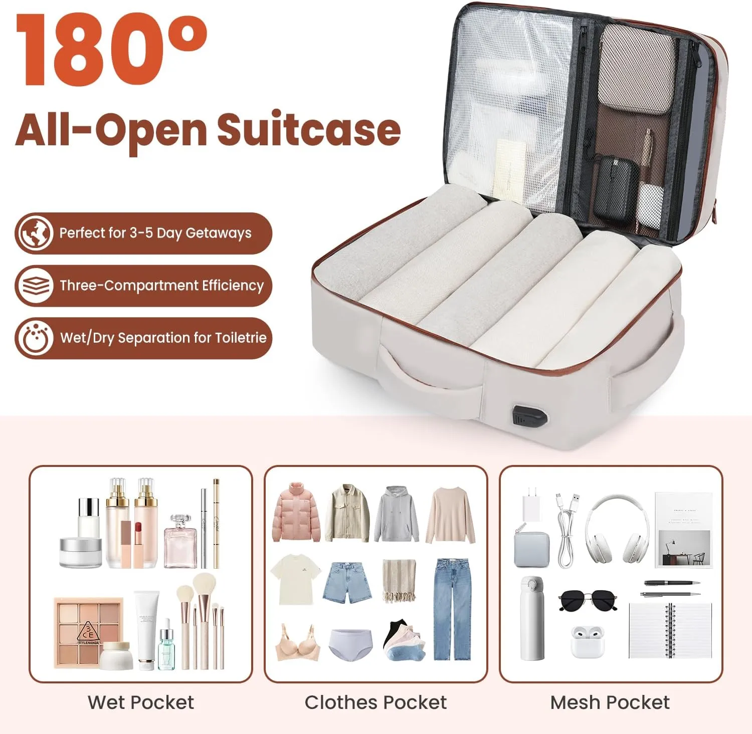 35L Travel Backpack | 180° All-Open Design | Multi-Pockets | Airline Approved Carry on | Backpack Fits 15.6 inch Laptop | Waterproof | USB Charging Port | Expandable Storage for Clothes, Cream