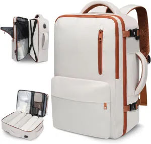 35L Travel Backpack | 180° All-Open Design | Multi-Pockets | Airline Approved Carry on | Backpack Fits 15.6 inch Laptop | Waterproof | USB Charging Port | Expandable Storage for Clothes, Cream