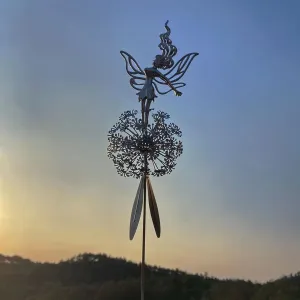 3D Fairy Dancing with Dandelion Stainless Steel Sculpture – Outdoor Fairy Art for Yard & Patio | Rust-Proof Metal Garden Decor with Dynamic Dancing Design | Lawn Courtyard Decorative Statue (Style 1)