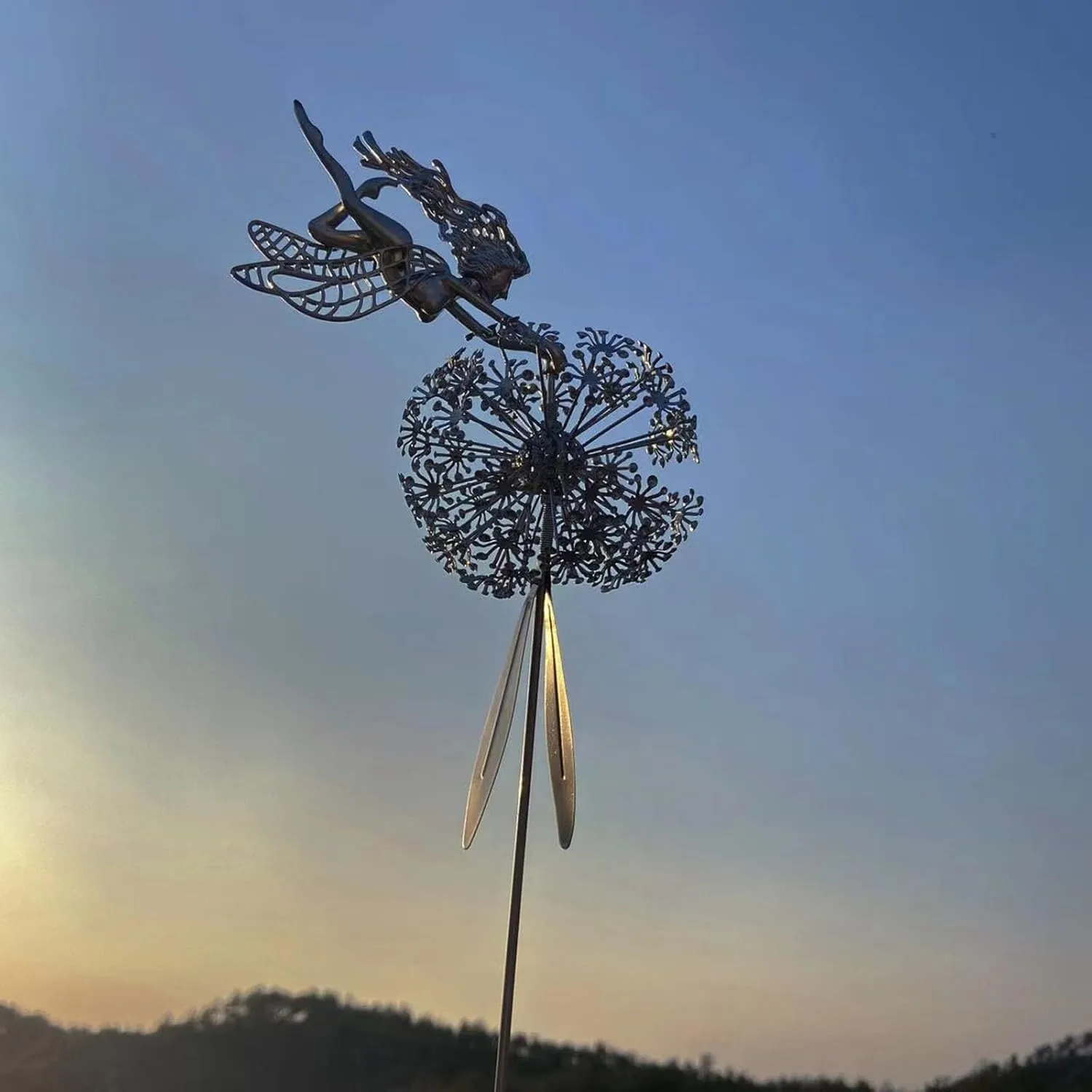 3D Fairy Dancing with Dandelion Stainless Steel Sculpture – Outdoor Fairy Art for Yard & Patio | Rust-Proof Metal Garden Decor with Dynamic Dancing Design | Lawn Courtyard Decorative Statue (Style 2)