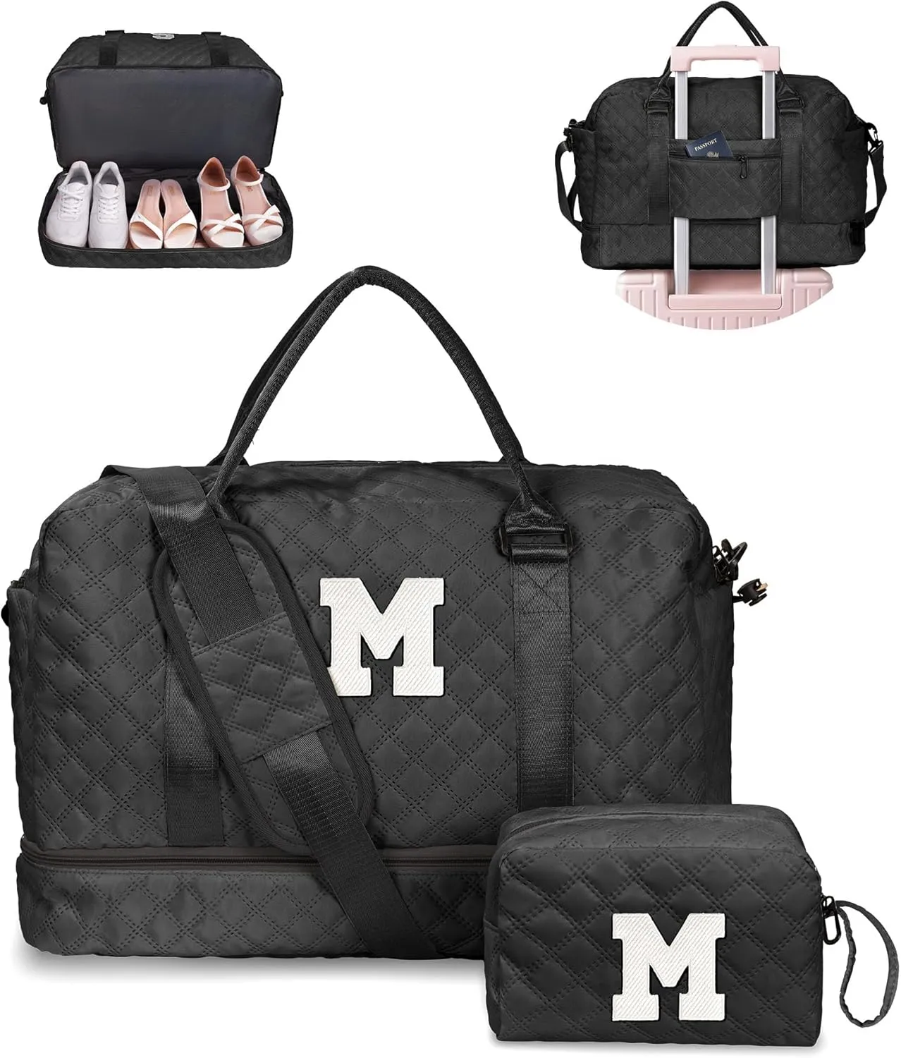 5 6 7 8 9 10 11 12 13 14 15 16 Year Old Girls Birthday Gifts for Teen Girls-Initial Duffle Bag with Shoe Compartment, Weekender Bag, Overnight Bag, Travel Bag with Makeup Bag (Letter M)