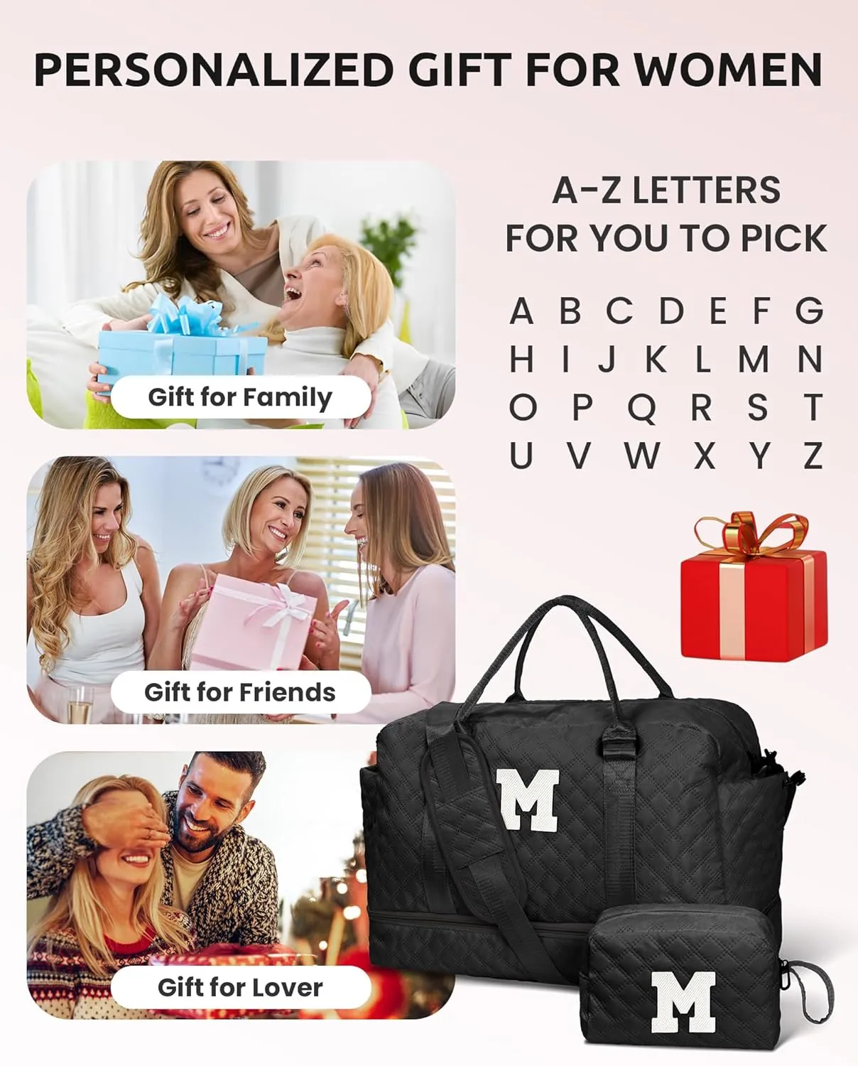 5 6 7 8 9 10 11 12 13 14 15 16 Year Old Girls Birthday Gifts for Teen Girls-Initial Duffle Bag with Shoe Compartment, Weekender Bag, Overnight Bag, Travel Bag with Makeup Bag (Letter M)