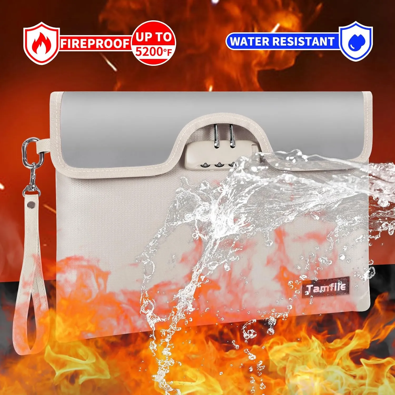 5200°F Fireproof Money Bag with Lock, Water Fireproof Document Bag with Zipper, 8 Layers Fire Insulation, Small Fireproof Safe Storage Pouch with Lock for Cash, Passport, (8.3" x 11", Beige