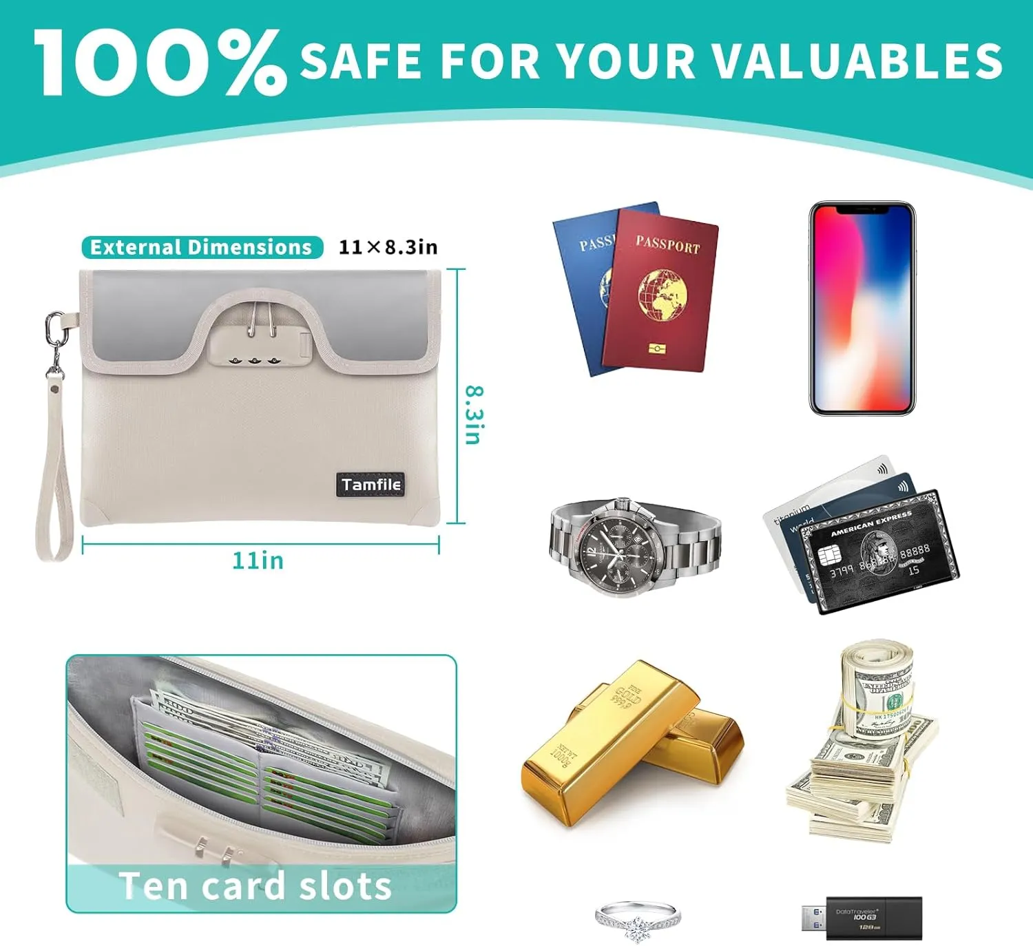 5200°F Fireproof Money Bag with Lock, Water Fireproof Document Bag with Zipper, 8 Layers Fire Insulation, Small Fireproof Safe Storage Pouch with Lock for Cash, Passport, (8.3" x 11", Beige