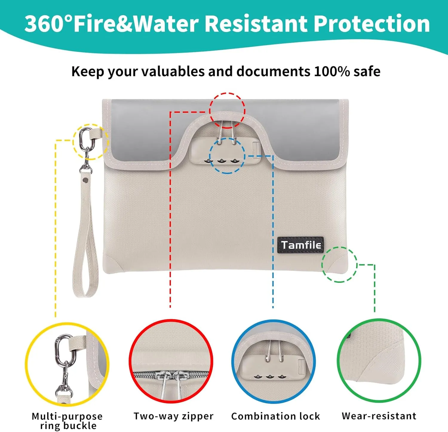 5200°F Fireproof Money Bag with Lock, Water Fireproof Document Bag with Zipper, 8 Layers Fire Insulation, Small Fireproof Safe Storage Pouch with Lock for Cash, Passport, (8.3" x 11", Beige