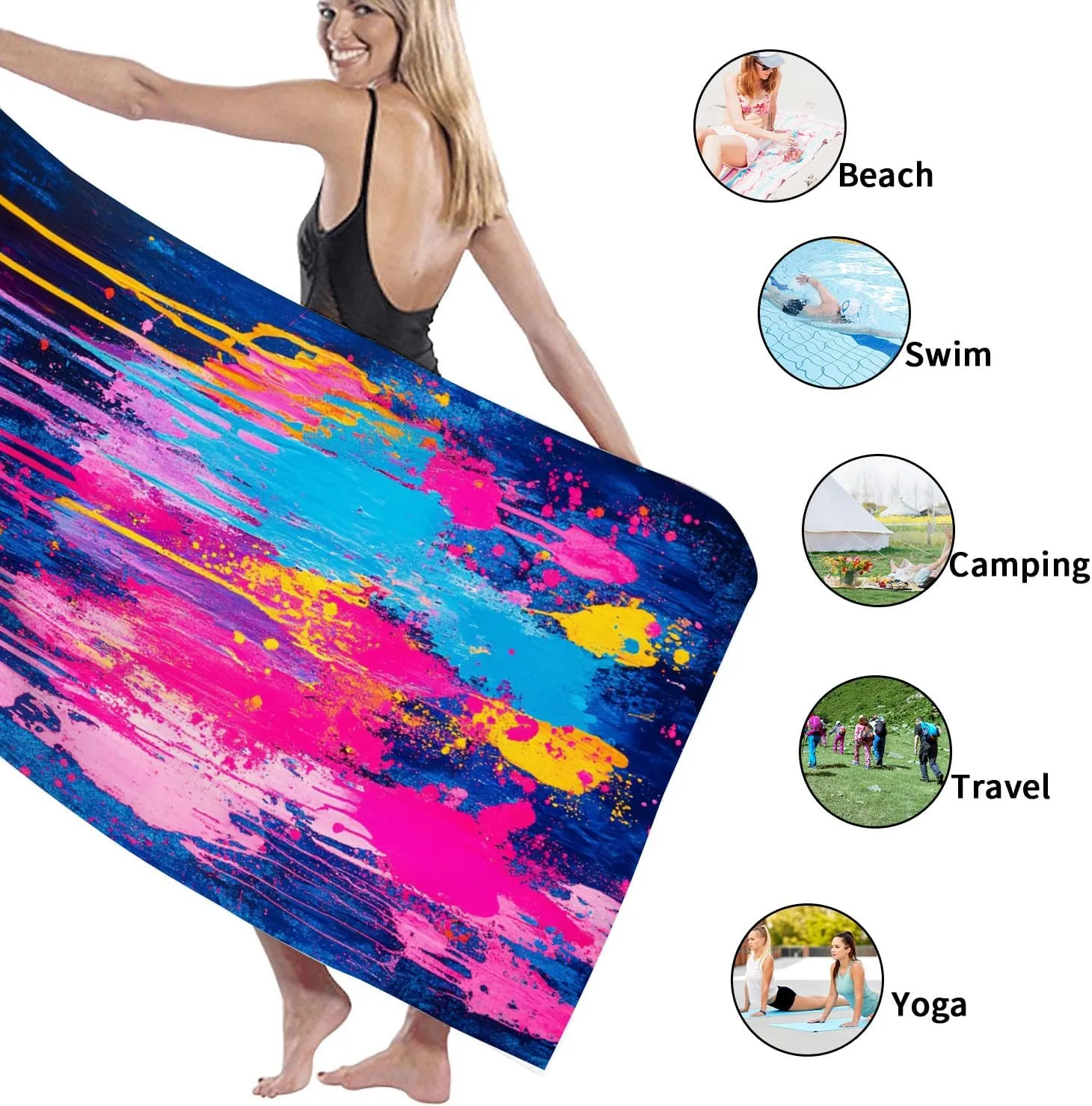 Abstract Colorful Splash Beach Towel Large Vibrant Drip Art Towel, Quick Dry Soft Sand Free Oversize Microfiber Blanket, Travel Picnic Essentials Outdoor Pool Gym 70x35 Inch