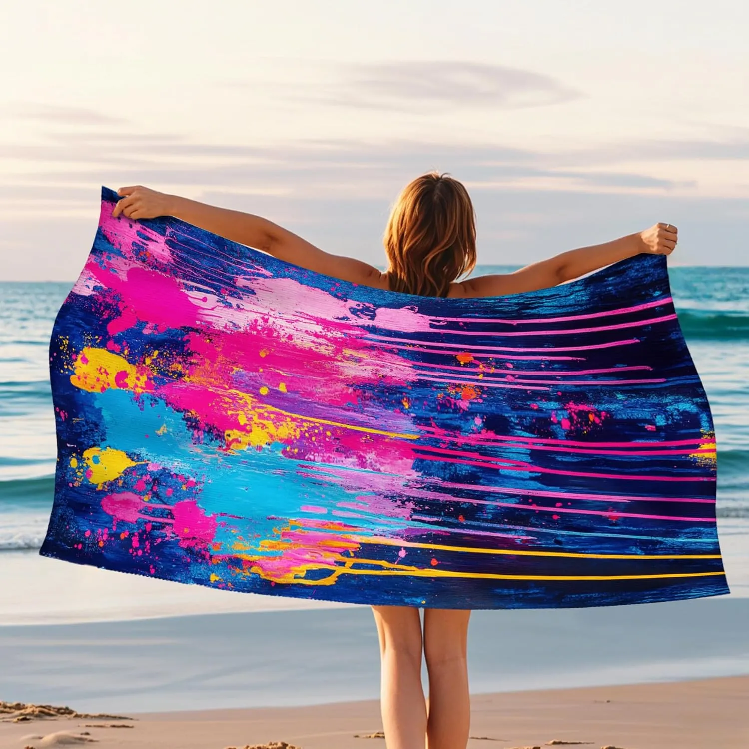 Abstract Colorful Splash Beach Towel Large Vibrant Drip Art Towel, Quick Dry Soft Sand Free Oversize Microfiber Blanket, Travel Picnic Essentials Outdoor Pool Gym 70x35 Inch