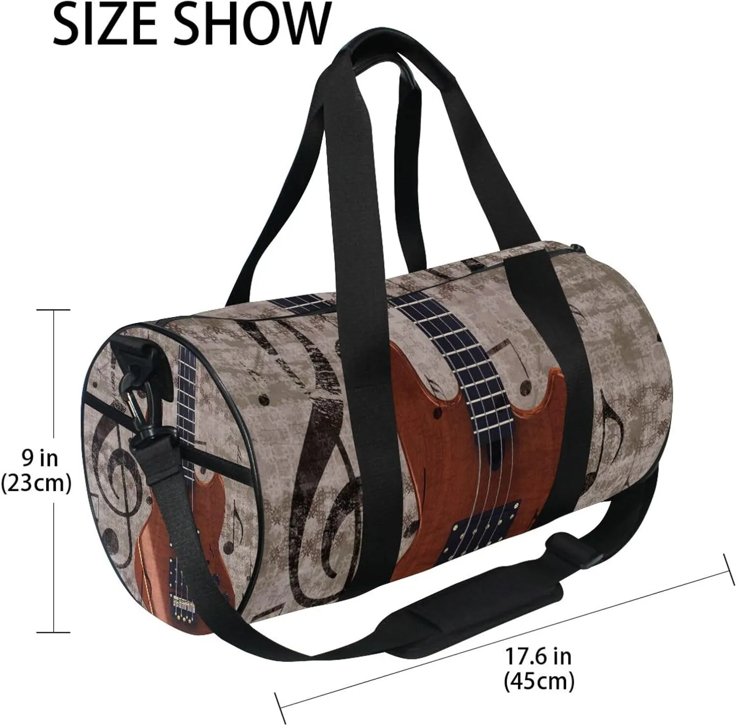Abstract Retro Musical Background with Guitar and Music Notes Portable Gym Bag, Travel Bag, Luggage bag, Sports Bag, Toiletry Bag with Handles, Detachable Shoulder Strap 17.6 x 9 x 9 inch