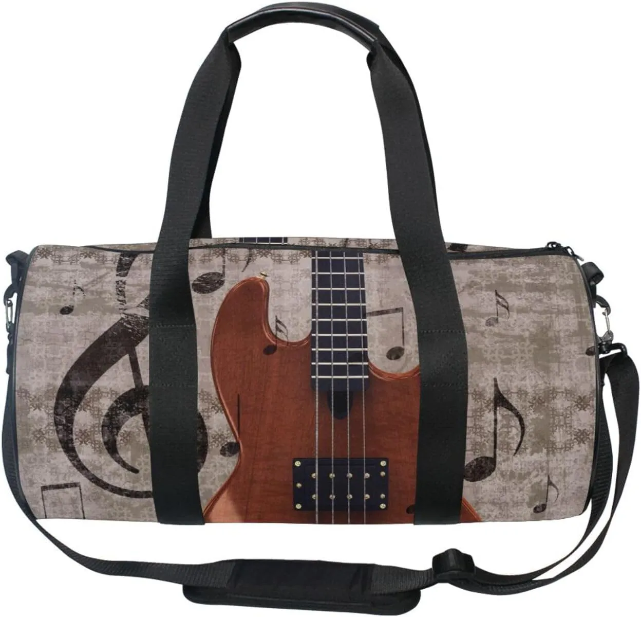 Abstract Retro Musical Background with Guitar and Music Notes Portable Gym Bag, Travel Bag, Luggage bag, Sports Bag, Toiletry Bag with Handles, Detachable Shoulder Strap 17.6 x 9 x 9 inch
