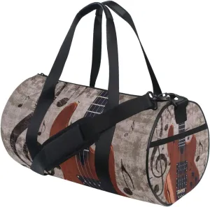 Abstract Retro Musical Background with Guitar and Music Notes Portable Gym Bag, Travel Bag, Luggage bag, Sports Bag, Toiletry Bag with Handles, Detachable Shoulder Strap 17.6 x 9 x 9 inch