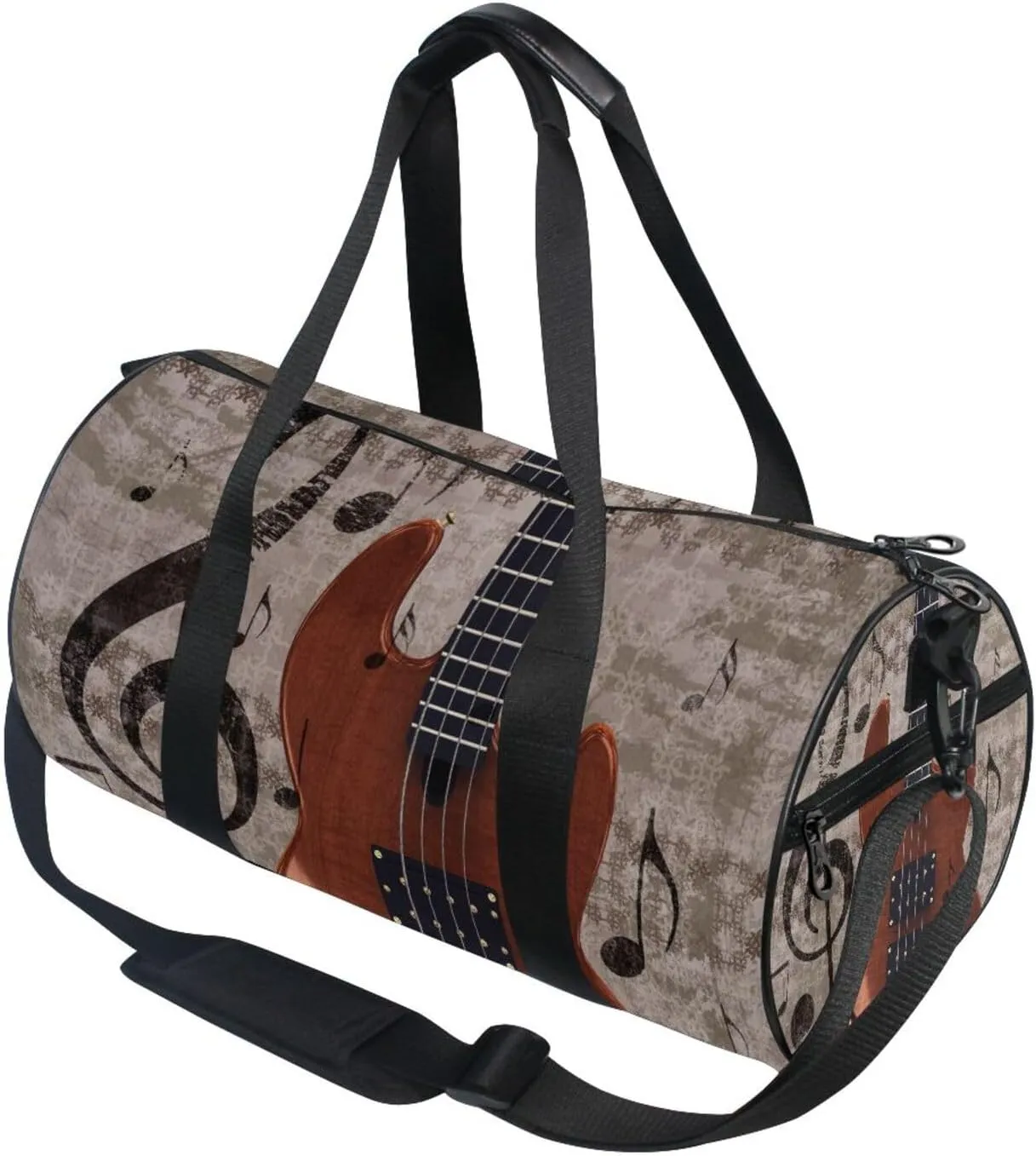 Abstract Retro Musical Background with Guitar and Music Notes Portable Gym Bag, Travel Bag, Luggage bag, Sports Bag, Toiletry Bag with Handles, Detachable Shoulder Strap 17.6 x 9 x 9 inch