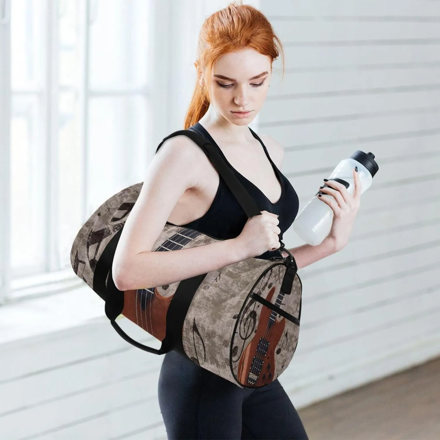 Abstract Retro Musical Background with Guitar and Music Notes Portable Gym Bag, Travel Bag, Luggage bag, Sports Bag, Toiletry Bag with Handles, Detachable Shoulder Strap 17.6 x 9 x 9 inch