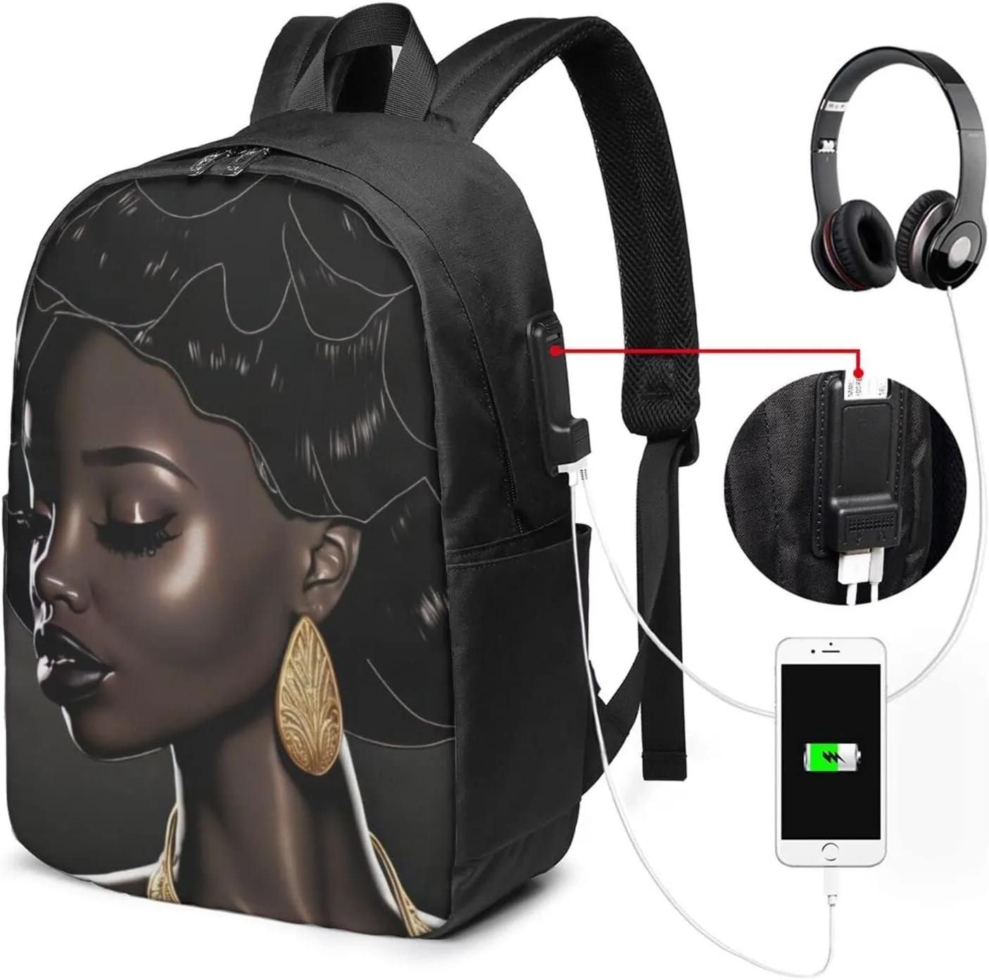 African American Black Woman Laptop Backpack, Travel Backpack with USB Charging Port, Computer Bag for Men Women