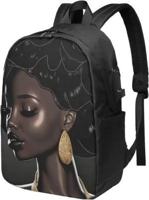 African American Black Woman Laptop Backpack, Travel Backpack with USB Charging Port, Computer Bag for Men Women