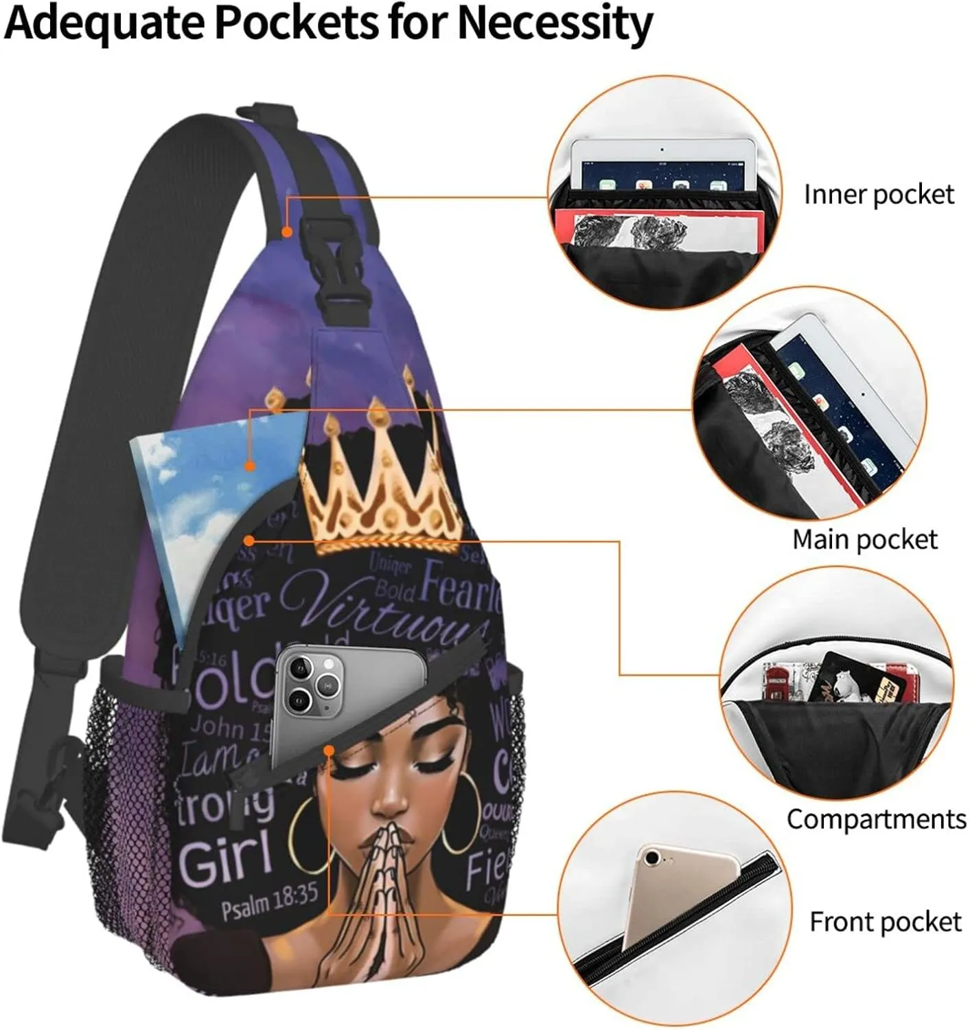 African American women Sling Bag Crossbody Women Men Travel Chest Backpack Leisure Sports Outdoor Running Hiking One Size