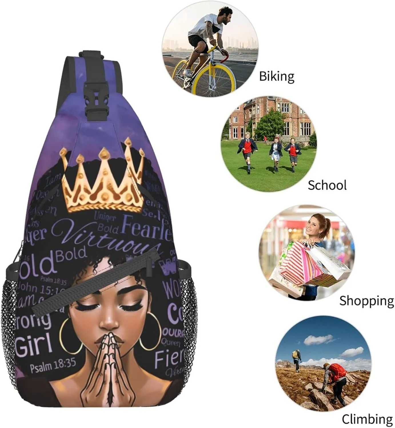 African American women Sling Bag Crossbody Women Men Travel Chest Backpack Leisure Sports Outdoor Running Hiking One Size