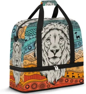 African Lion Ethnic Motifs Gym Bag with Shoe Compartment Duffel Bag for Women Men Foldable Travel Bag Carry On Luggage Bag Overnight Tote Bag for Sport Workout Yoga